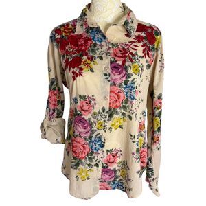 Chic Connection Rose Embroidered Button Front Blouse Shirt Top Floral S